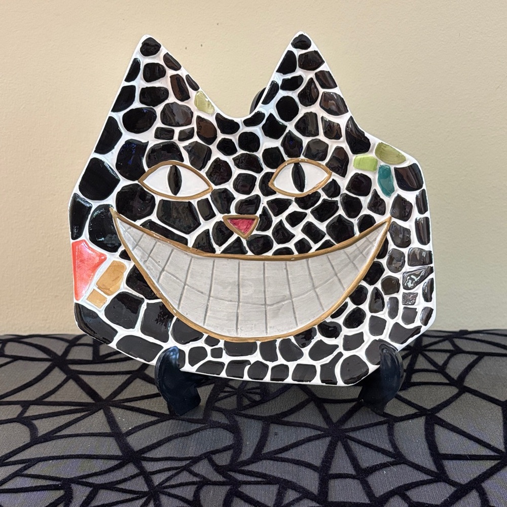 Vintage Black Cat Mosaic Ceramic Decorative Plate- Halloween Decor